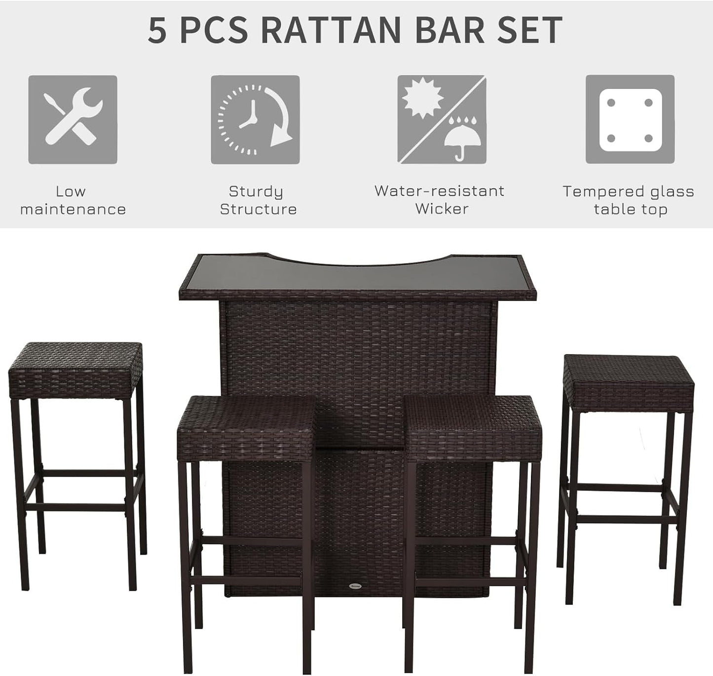 5 Pcs Rattan Wicker Bar Set, High Top Outdoor Table and Chairs, Bar Height Patio Set with Glass Table Top 2 Tier Storage Shelf, and 4 Bar Stools for Garden, Poolside, Dark Brown-4