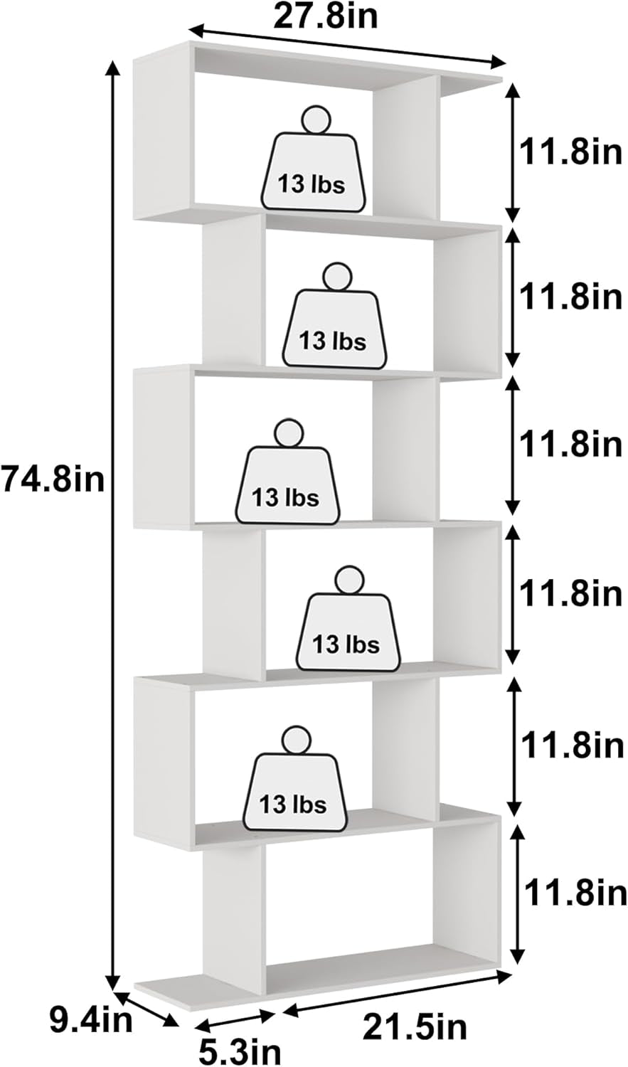 S Shaped Bookshelf, Modern Geometric Bookcase, 6-Tier White Display Case Book Shelf-2