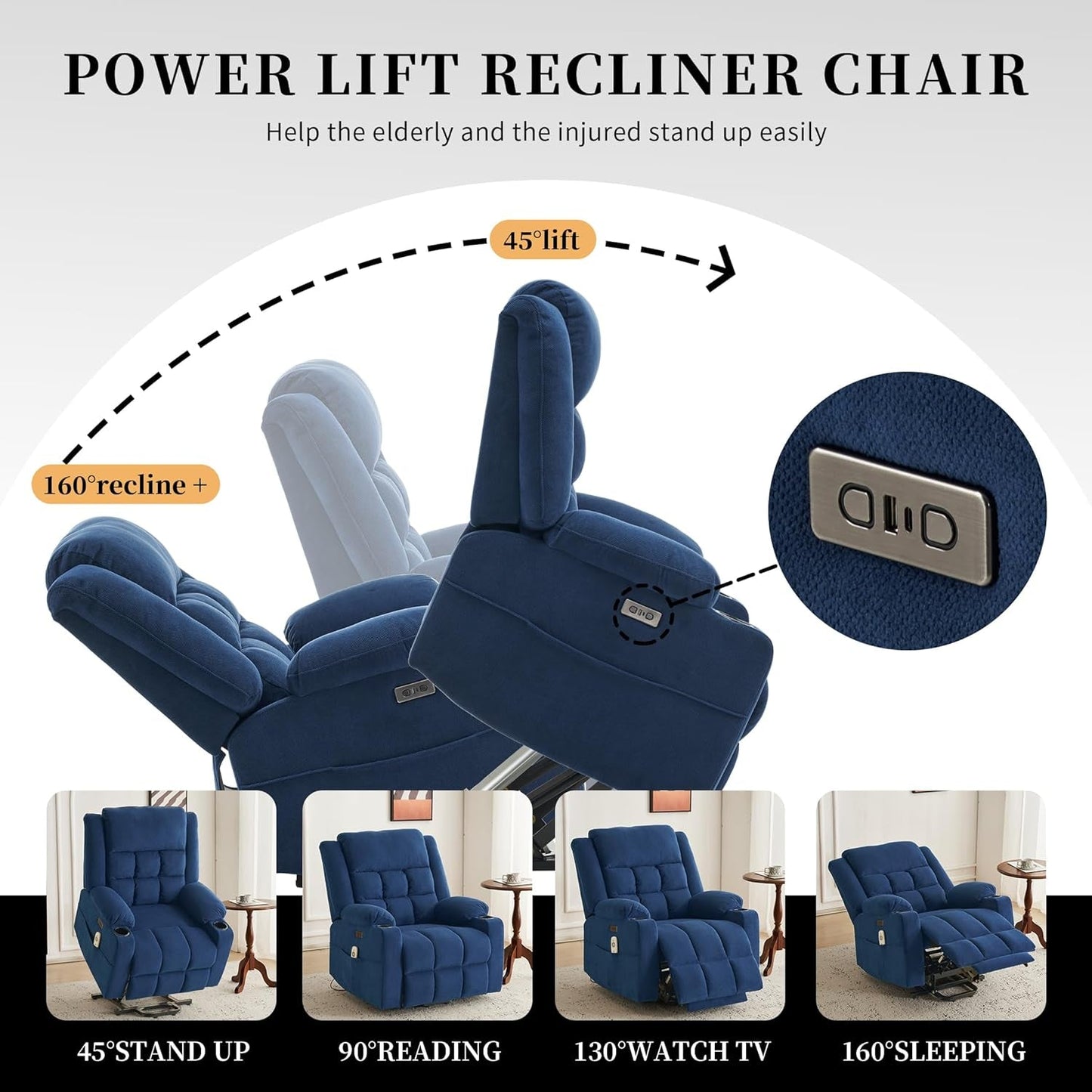 Power Lift Chair Recliners for Elderly with Heat and Massage, Oversized Recliner Chairs for Adults, Upgraded Fabric Recliner with USB & Type-C Charge Port, Cup Holders, L9911(Blue)-4
