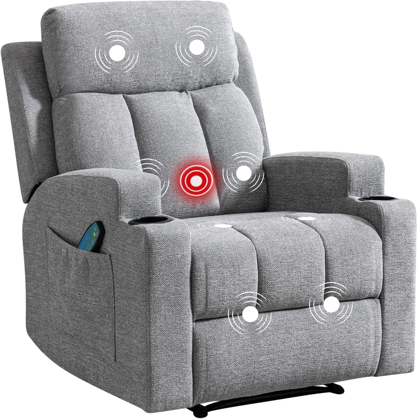 Manual Recliner Chair with Massage and Heat for Living Room Overstuffed Breathable Fabric Reclining Chair with 2 Side Pockets, 2 Cup Holders, Remote Control, Gray-0