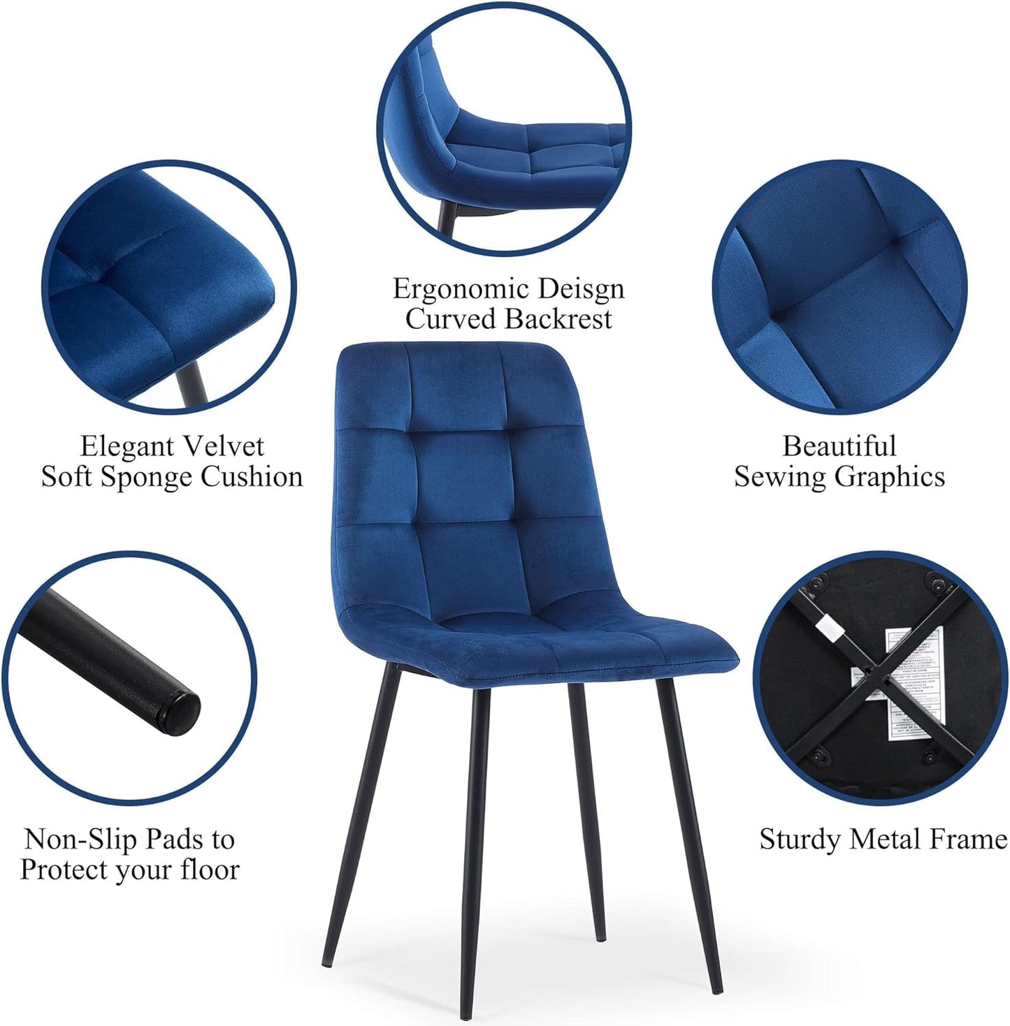 Navy Blue Velvet Dinner Chairs Set of 4, Modern Armless Biscuit Tufted Dining Side Chairs with Metal Legs for Kitchen Living Room Vanity-3