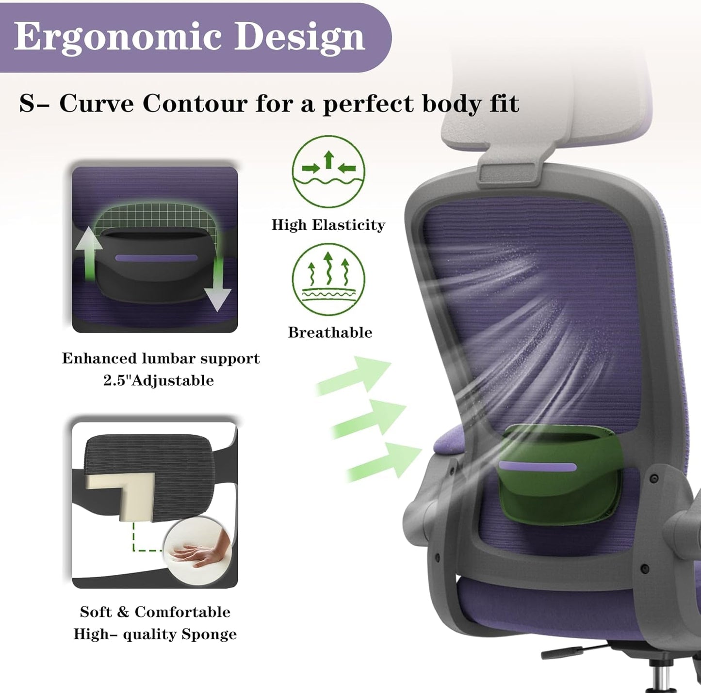 Ergonomic Mesh Office Chair, High Back Computer Desk Chair with Adjustable Lumbar Support & Headrest, Swivel Task Chair with Flip-Up Armrests for Home & Office (English, Purple)-4