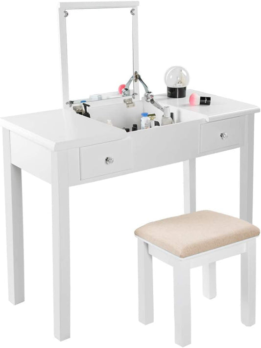 Vanity Table with Flip Top Mirror and Stool Set-1
