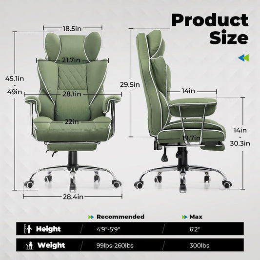 Big and Tall Gaming Chair with Pocket Spring Lumbar Support, Ergonomic Office Chair with Footrest, Executive Desk Chair with Outward Fixed Soft Armrests, Computer Chair with High Back, Green-1