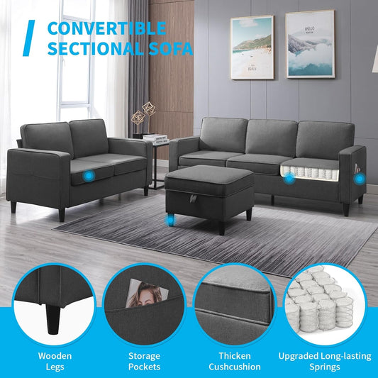 3 PCS Living Room Furniture Set, Modern Linen Sofa Set with Side Pockets, Convertible Sectional Couch with Storage Ottoman, L Shaped Couch + Loveseat Sofa Set for Apartment, Dark Grey-1