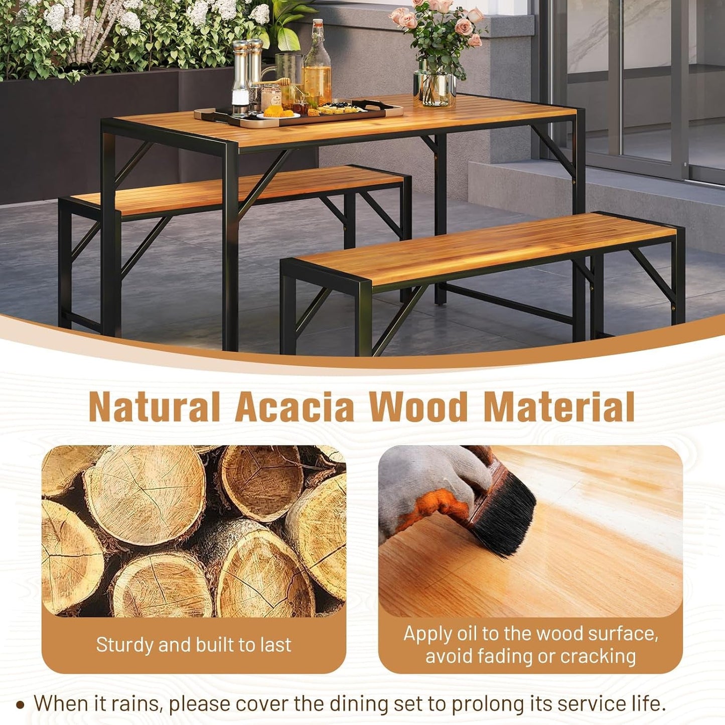 3 Pieces Patio Dining Set for 6 People, Outdoor Picnic Table & 2 Benches, 53” Acacia Wood Dining Table W/Metal Frame, Space-Saving Dinette Set for Garden Porch Poolside Yard Balcony-4