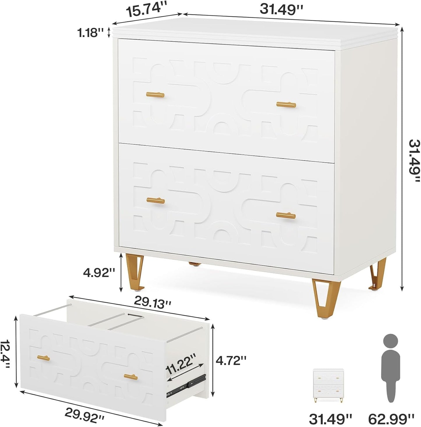 2-Drawer Lateral File Cabinet, Modern White Filing Cabinet for Legal/Letter/A4 Size, Large Storage Filing Cabinet Printer Stand for Home Office, White and Gold-1