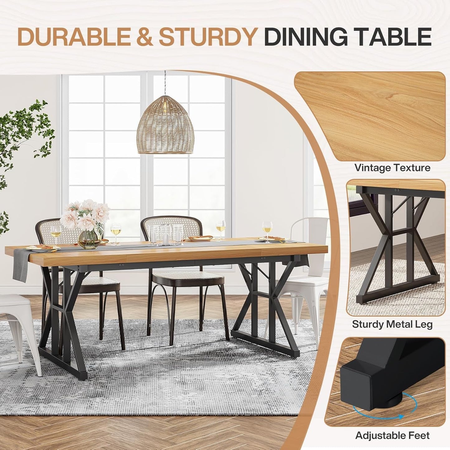 Farmhouse Dining Table for 6 People, 70.8-Inch Rectangular Wood Dining Table, Rustic Kitchen Table with Heavy Duty Metal Legs for Dining Room-4