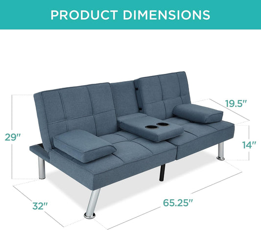 Linen Modern Folding Futon, Reclining Sofa Bed for Apartment, Dorm W/Removable Armrests, 2 Cupholders - Blue-1