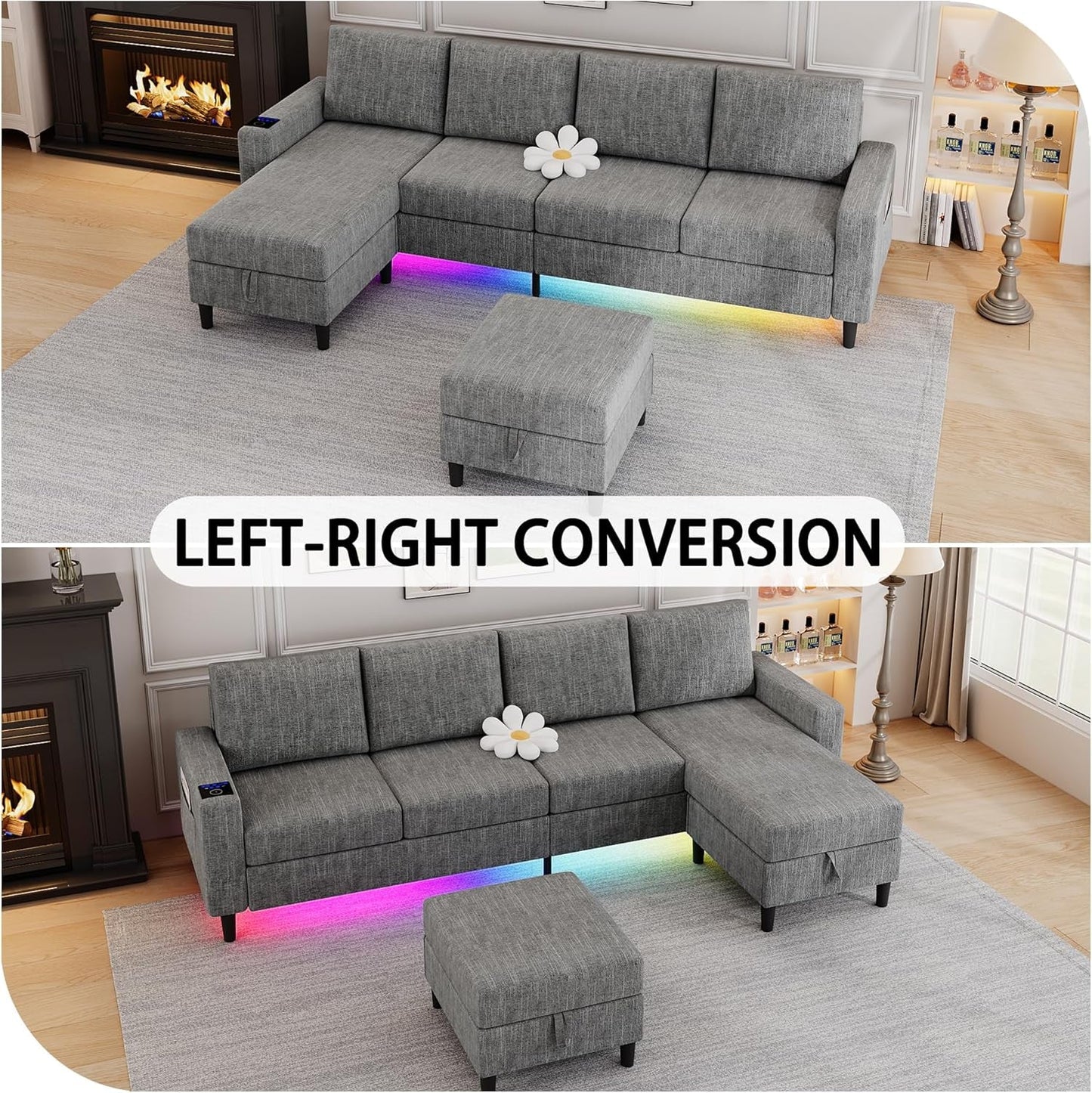 Sectional Couches for Living Room, 4 Seat Linen Sectional Sofa with Reversible Chaise Lounge/Storage Ottoman, U Shaped Couch with Smart Module-Wireless Charging/Usb/Type-C/Rgb Light (Light Grey)-4
