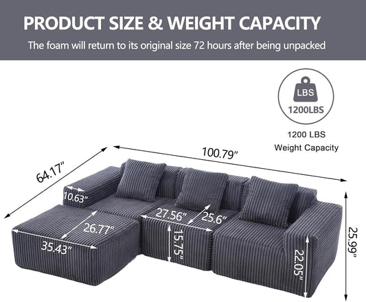 101'' Modular Sectional Sofa, Corduroy Cloud Couch with Ottomans, 3-Seater Convertible L-Shape Sofa with 3 Pillows, Sponge Compression Sofas for Living Room, No Assembly Required, Dark Gray-1