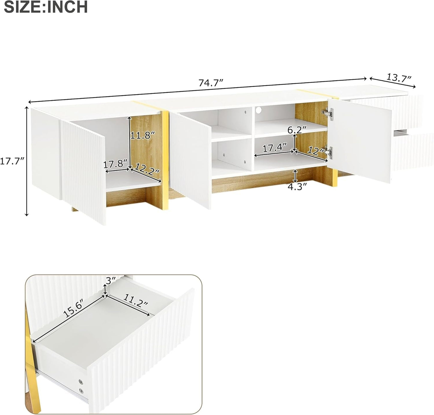 Luxury Fluted TV Stand for Televisions up to 80'', Modern Entertainment Center with Storage Cabinets & Drawers and Golden Wood Grain Legs, Smooth Media Console, for Living Room, White-4