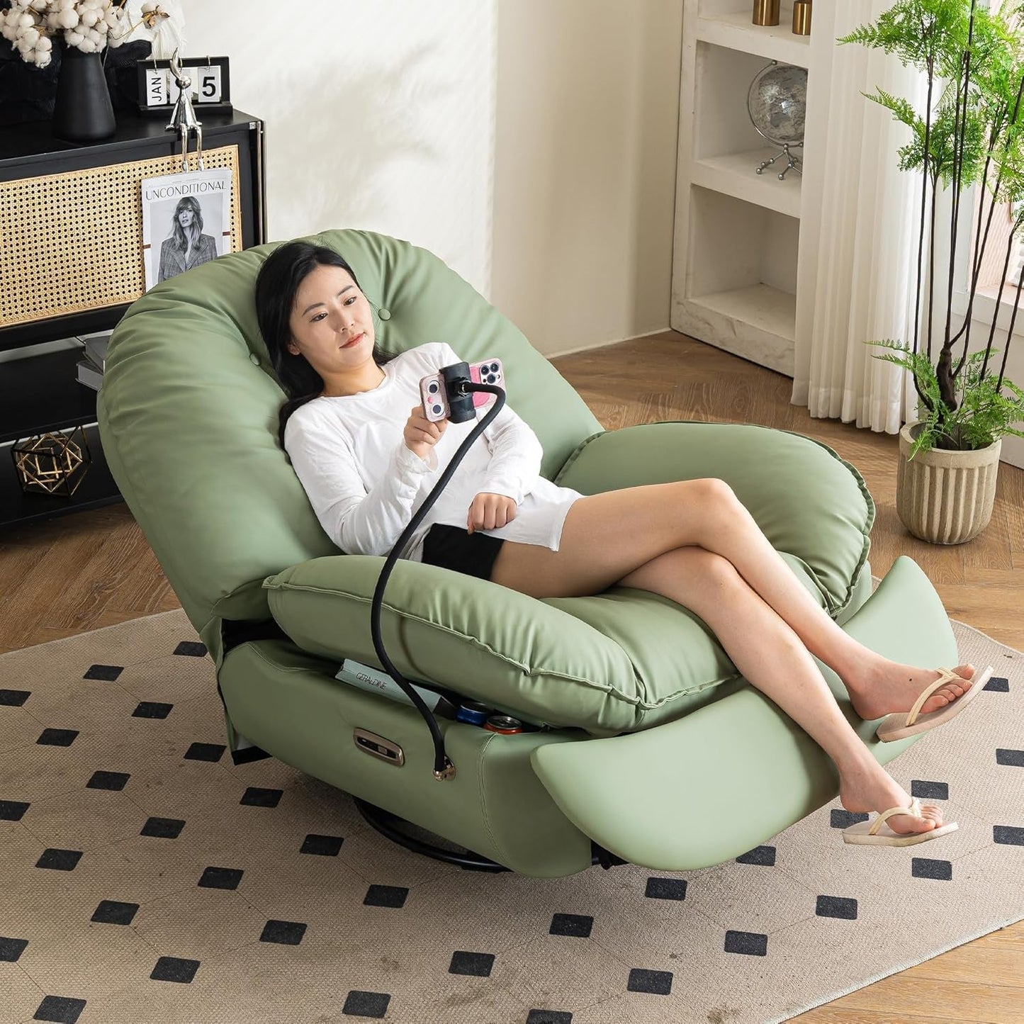 Power Swivel Glider Recliner Chair, Electric Lift Rocker Reclining Chair for Living Room with USB Charger Port, Phone Holder, Bluetooth Speaker, Voice Wake-Up Function, Faux Leather (Green)-0