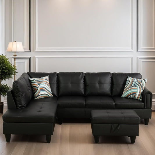 L Shaped Sectional Couches for Living Room, Modular Sectional Sofa with Ottoman Storage, Modern Comfy 4 Seat L Shaped Couch with Chaise for Bedroom Apartment Furniture, Black-1