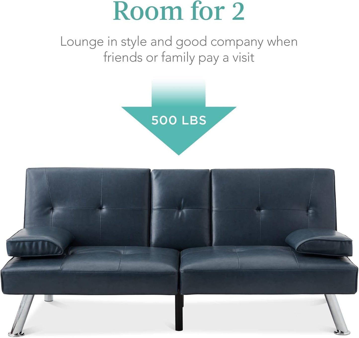 Faux Leather Upholstered Modern Convertible Futon, Adjustable Folding Sofa Bed, Guest Bed W/Removable Armrests - Blue-4