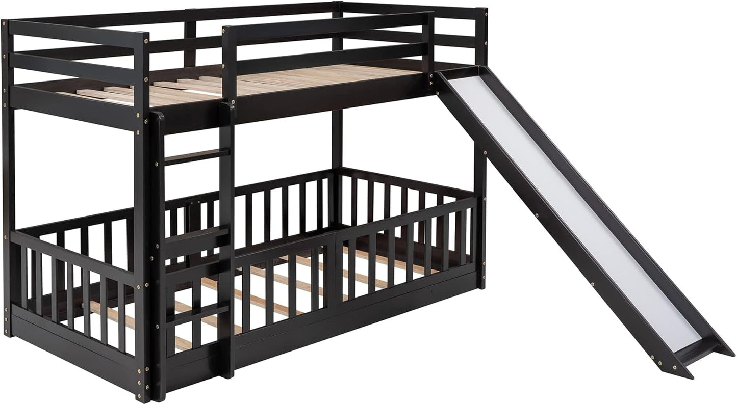 Twin over Twin Floor Bunk Bed with Slide and Ladder, Low Bunk Bed for Kids, Girls, Boys, Removable Fence, Bunk Bed with Slide, Espresso-4