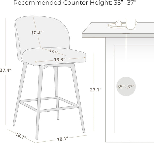 Counter Height Bar Stools Set of 3, 360° Swivel Upholstered Barstools with Backs and Metal Legs, 26" H Seat Height, Fabric in Grey (Multi-Colored)-1