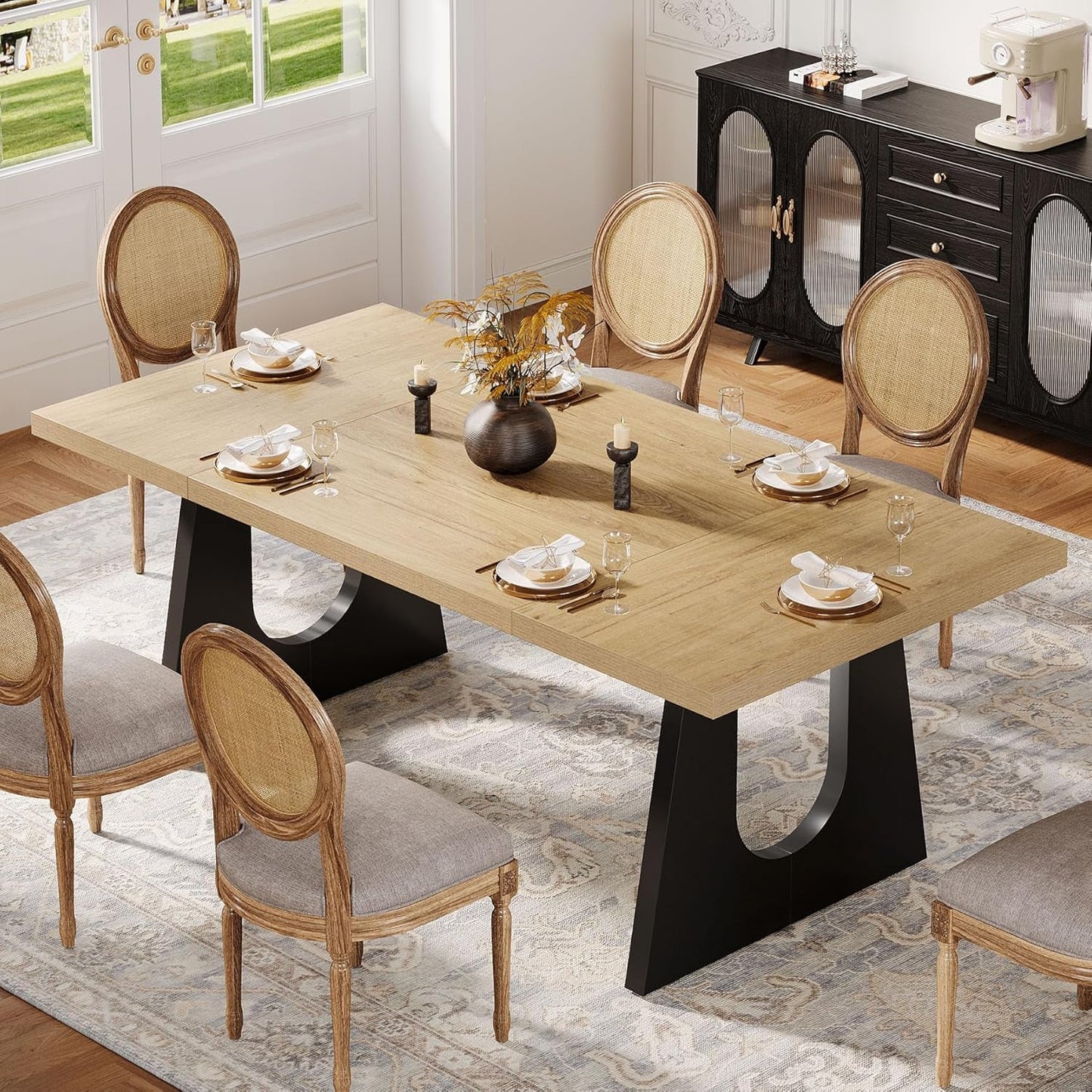 Large Dining Table for 6-8 People, 70.9-Inch Wood Rustic Rectangular Table with Black Wooden Legs, Farmhouse Center Kitchen Table for Dining Room, Living Room, Home Furniture, Oak and Black-2