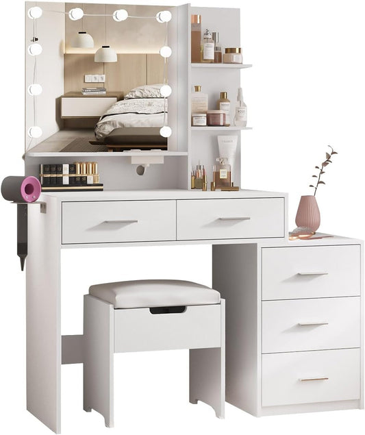 Vanity Desk with Mirror and 10 LED Bulbs, Makeup Vanity Set with Charging Station & Nightstand, 5 Drawers Large Capacity, 2 Open Shelves, Dressing Table with Storage Stool for Bedroom, White-1