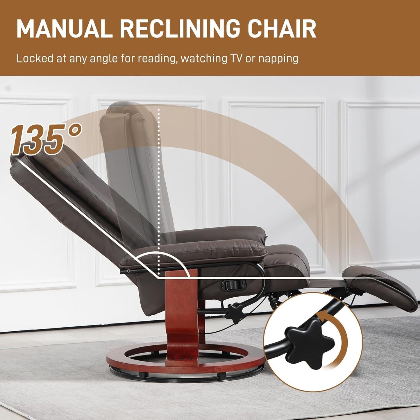 Manual Swivel Recliner Chair, PU Leather Reclining Chair with Footrest for Living Room, Brown-3