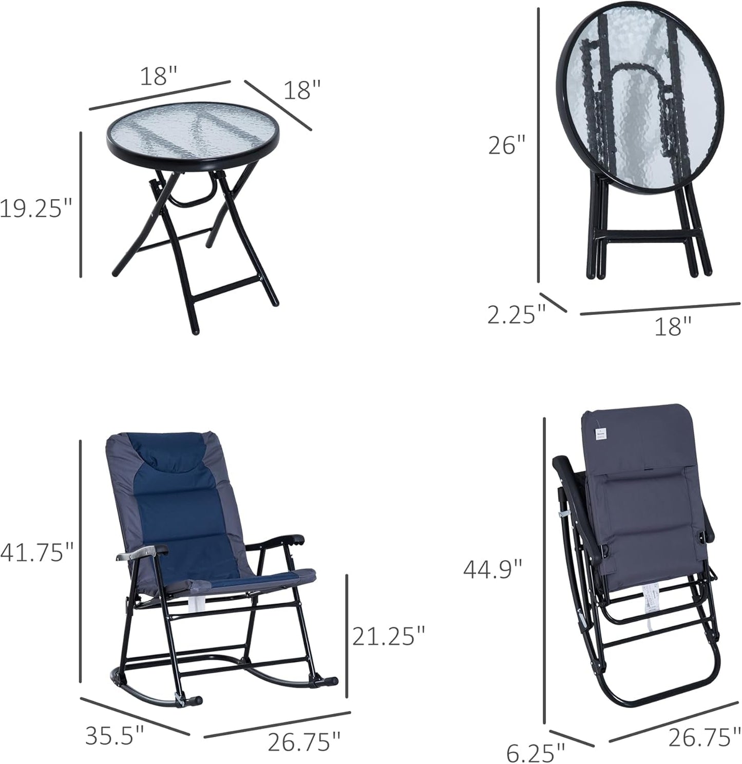3 Piece Outdoor Patio Furniture Set with Glass Coffee Table & 2 Folding Padded Rocking Chairs, Bistro Style for Porch, Camping, Balcony, Navy Blue-4