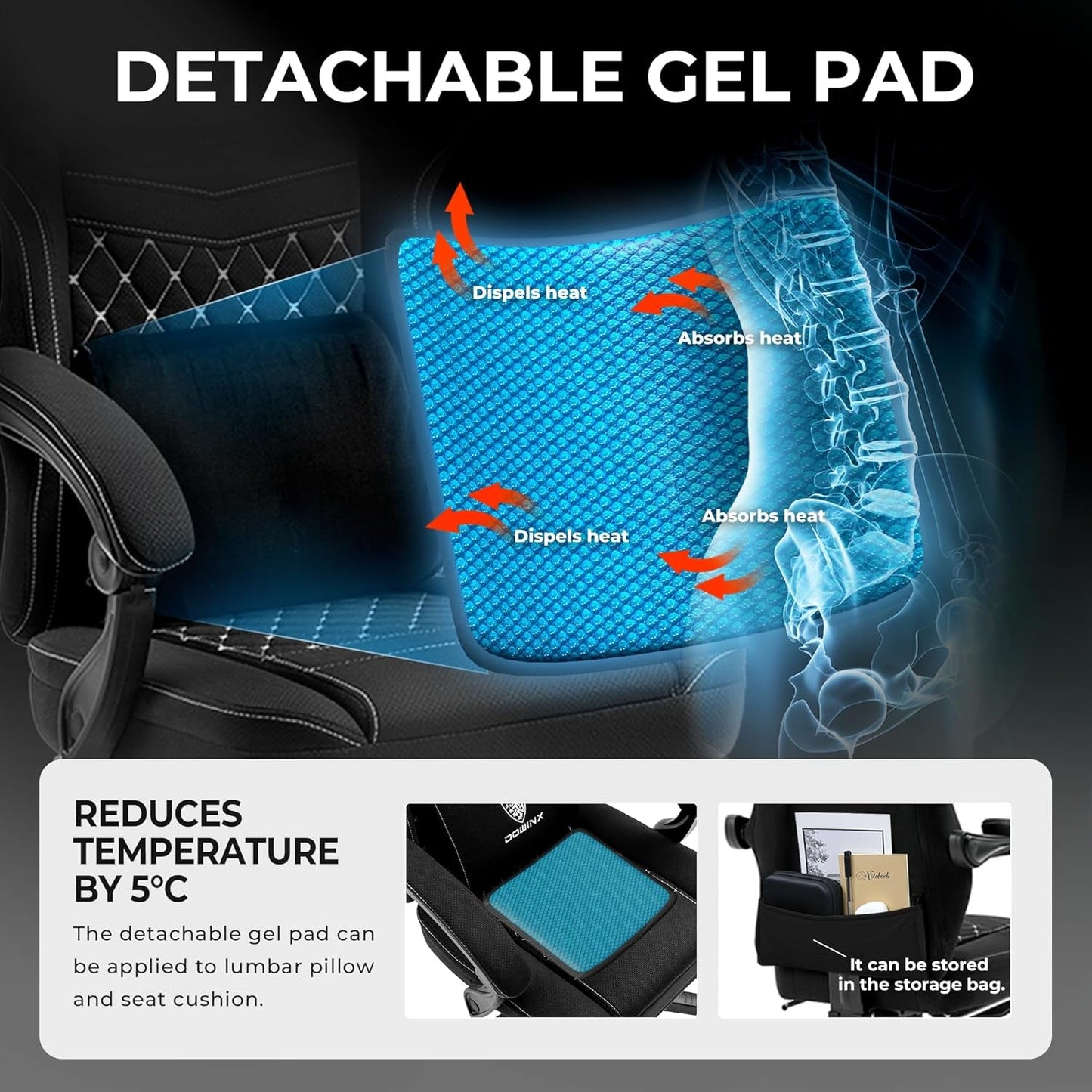 Gaming Chair Breathable Fabric Computer Chair with Pocket Spring Cushion, Comfortable Office Chair with Gel Pad and Storage Bag,Massage Game Chair with Footrest,Black-4