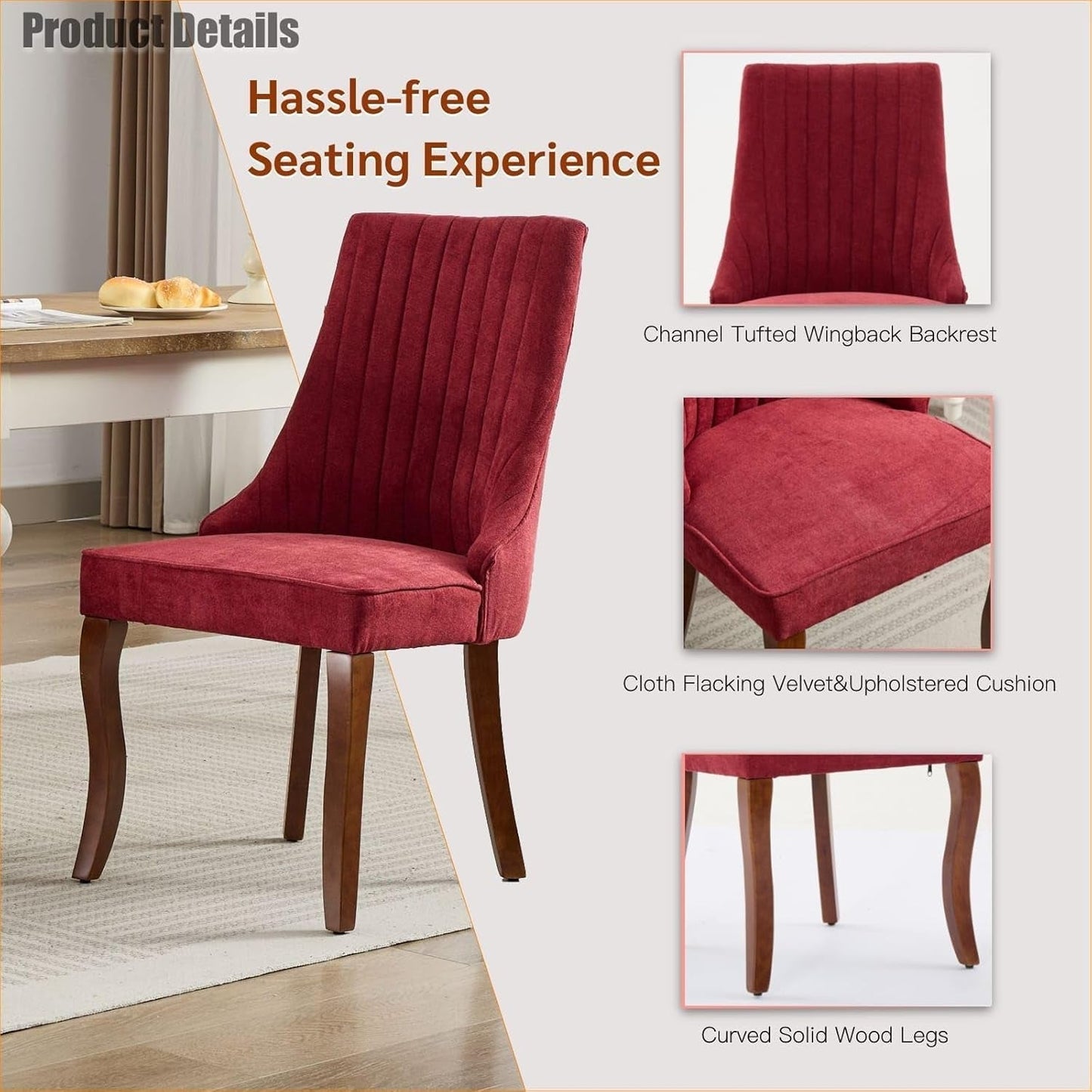 Velvet Dining Chairs Set of 4,Comfy Fabric Upholstered Accent Chairs for Kitchen Living Room,Channel Tufted Dining Room Chairs with Curved Solid Wood Legs(Wine Red)-4