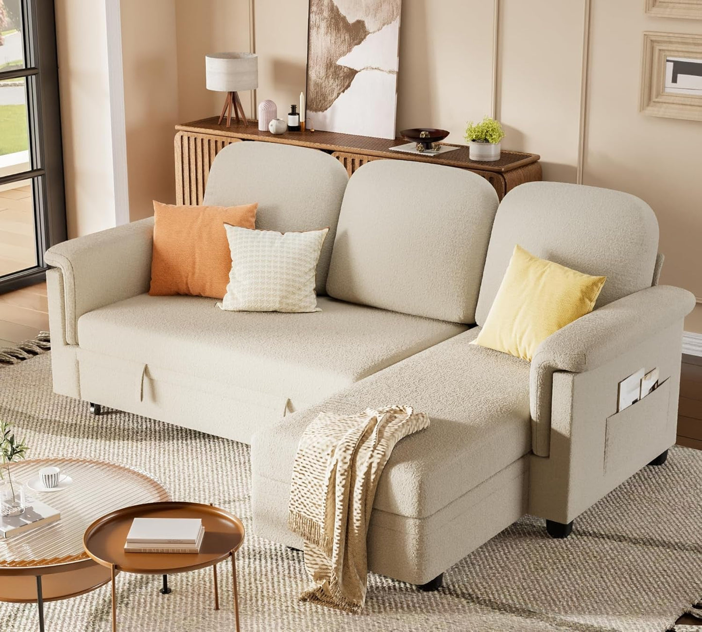Sleeper L-Shaped Couch Sofa Bed Convertible Sectional Pull Out Couches,With Storage Space,For Living Room,Cotton(Beige)-2