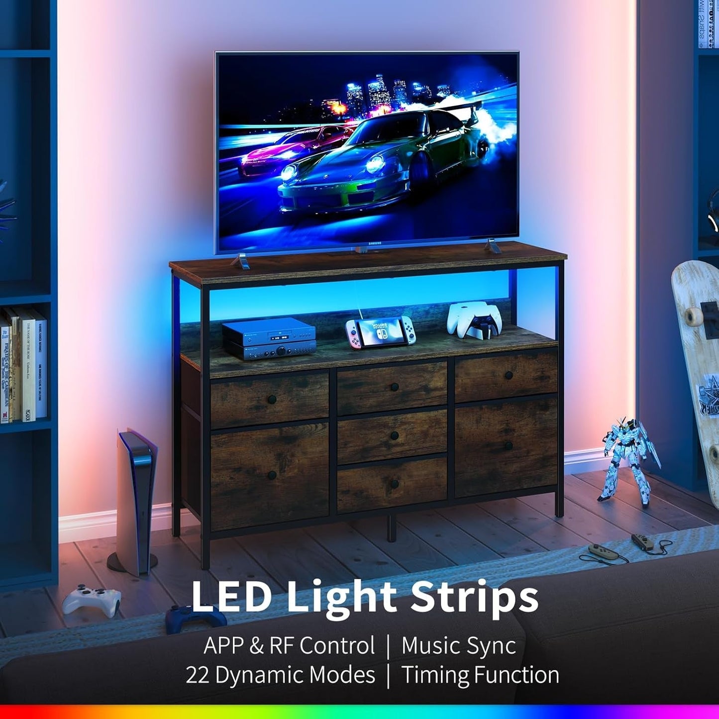 TV Stand Dresser for Bedroom, 7 Fabric Drawers Entertainment Center, LED Dressers with Power Outlets, TV Stands for Living Room with Storage Shelf, TV Console Entertainment Stand up to 50" TV-3