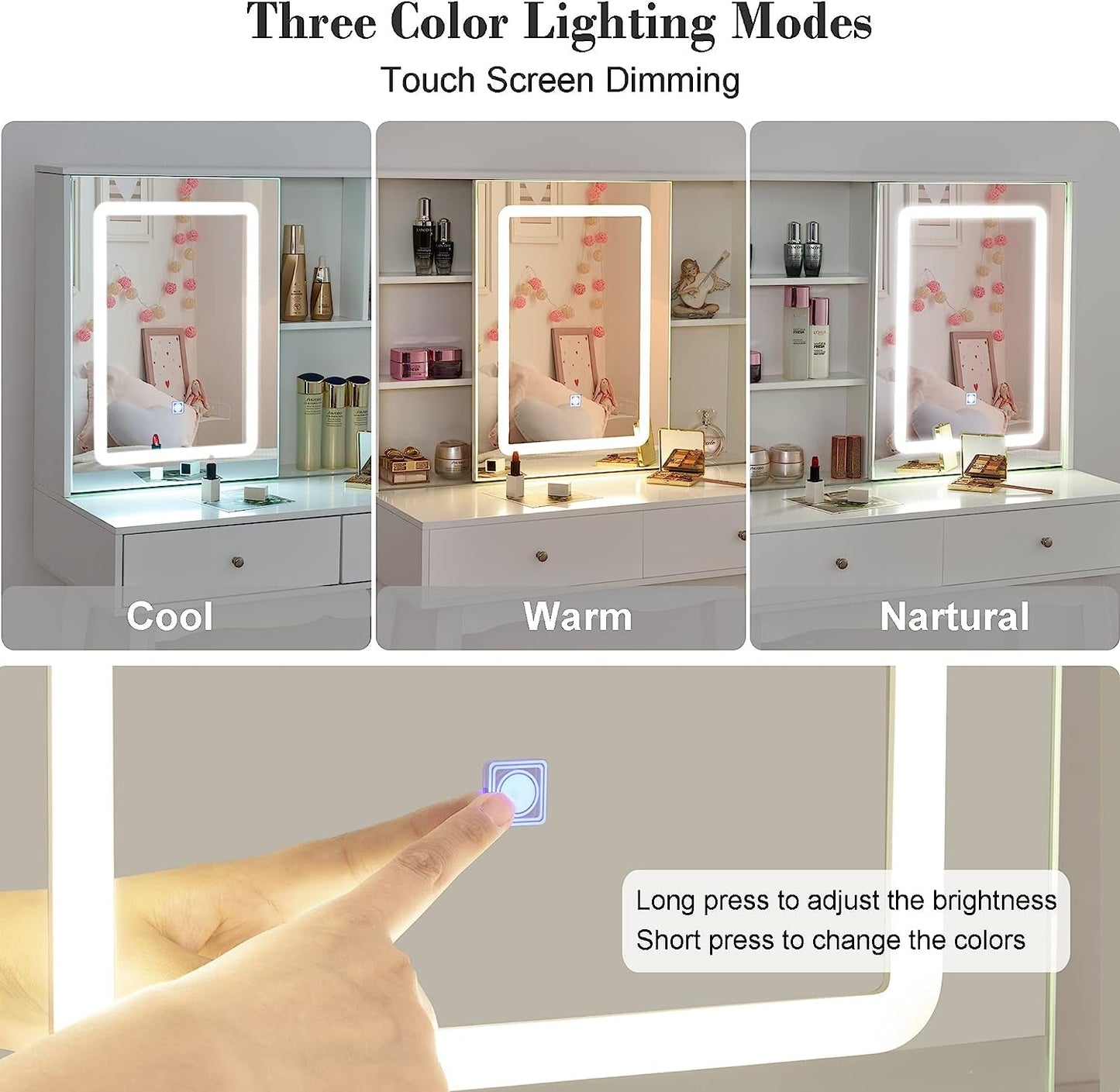 White Vanity Desk with Mirror, Lights, and Drawers-3