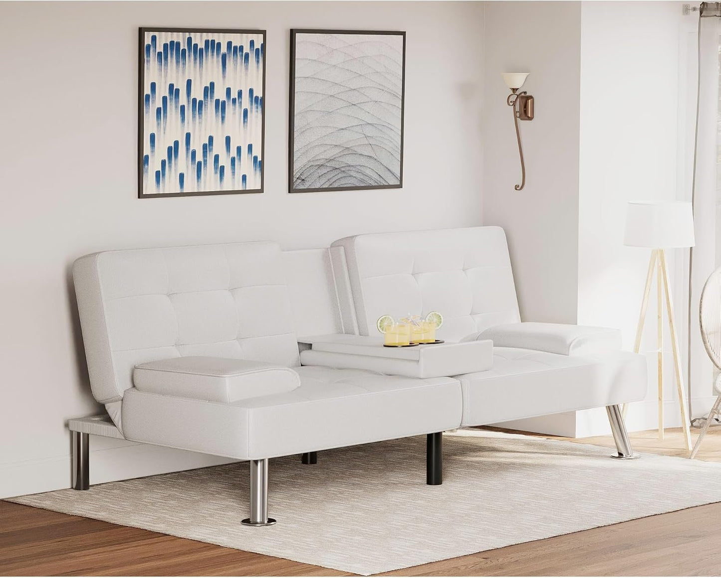 Futon Sofa Bed Modern Folding Futon Set PU Leather Convertible Recliner Lounge for Living Room with 2 Cup Holders, Removable Armrests (PU Leather, White)-0