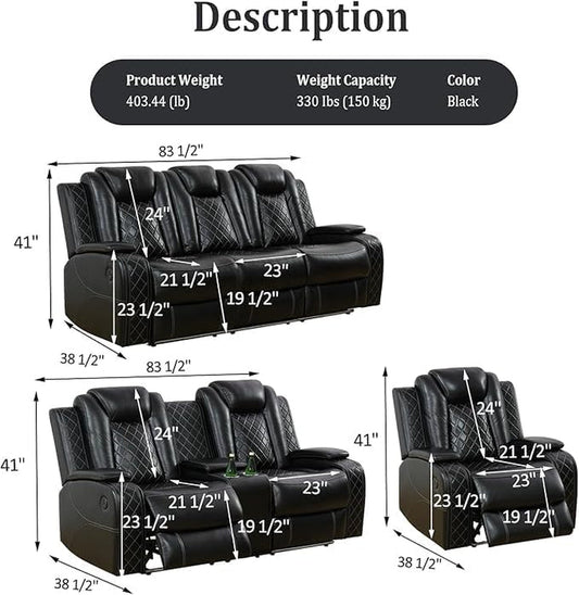 Power Recliner Set with LED Lights, Air Leather Reclining Set with USB Port/Wireless Charger/Storage Console/Cup Holder for House/Hometheater/Apt (Black, Sofa Loveseat Chair)-1