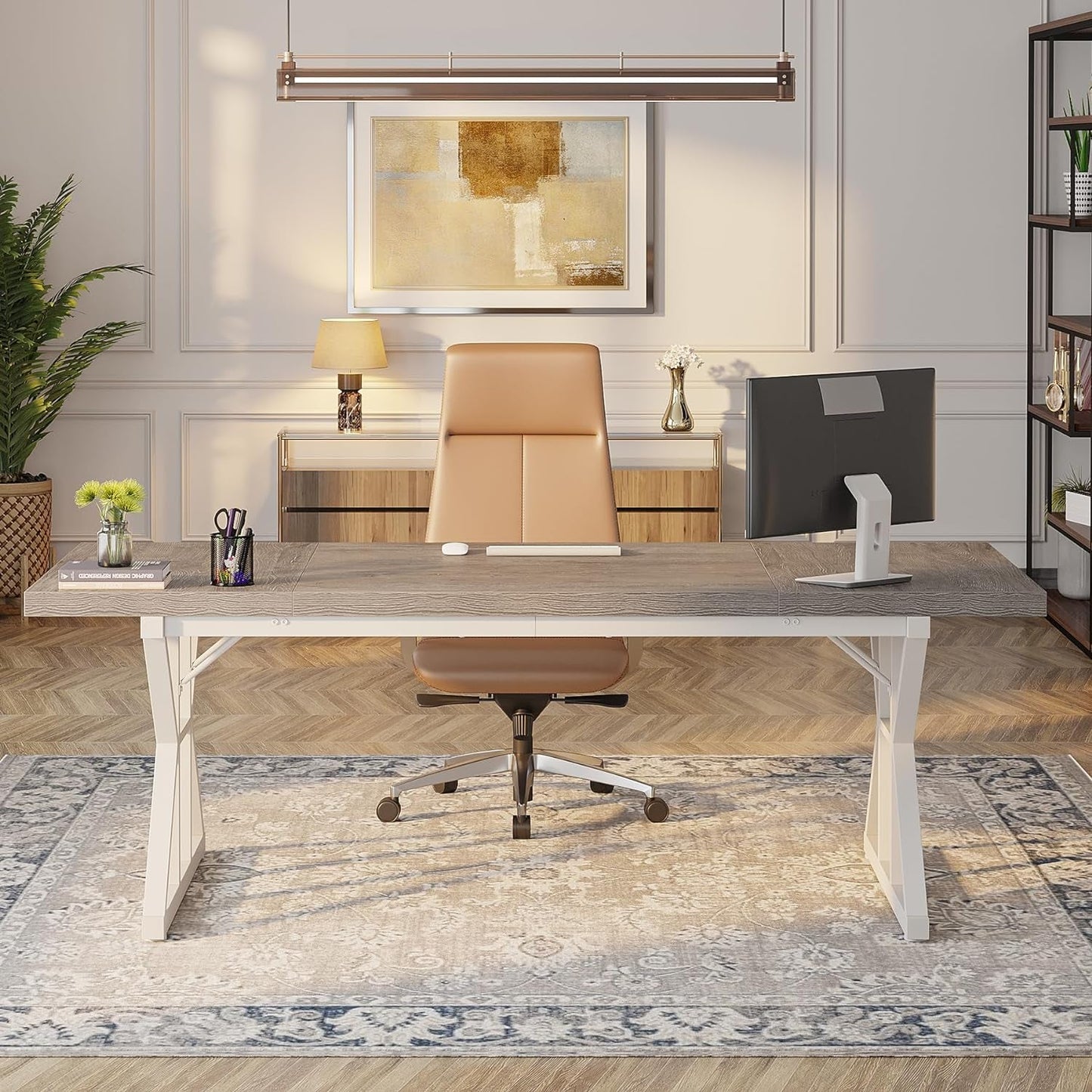 70.8-Inch Executive Desk, Large Computer Office Desk Workstation, Modern Simple Style Laptop Desk Study Writing Table Business Furniture for Home Office (Grey/White, 70.8 Inch)-2
