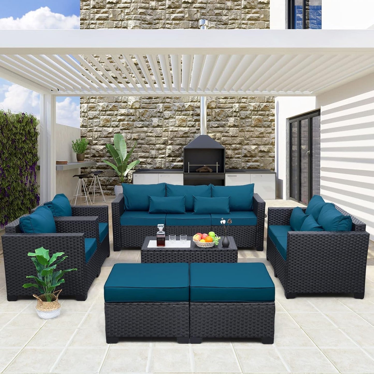 Patio Furniture Set 7 Pieces Couch Outdoor Chairs Coffee Table Peacock Blue Anti-Slip Cushions and Waterproof Covers-2
