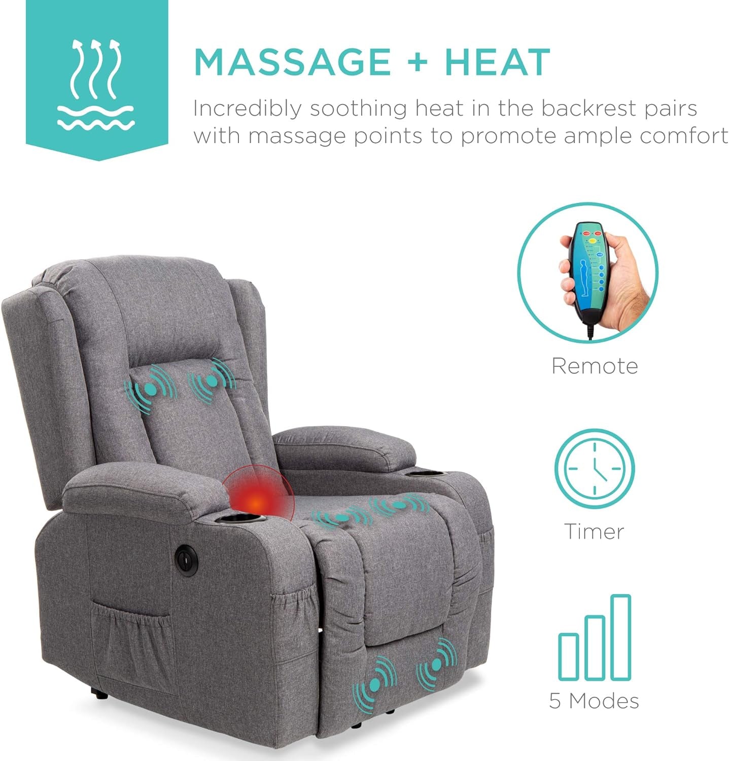 Modern Linen Electric Power Lift Chair, Recliner Massage Chair, Adjustable Furniture for Back, Legs W/ 3 Positions, USB Port, Heat, Cupholders, Easy-To-Reach Button - Gray-4