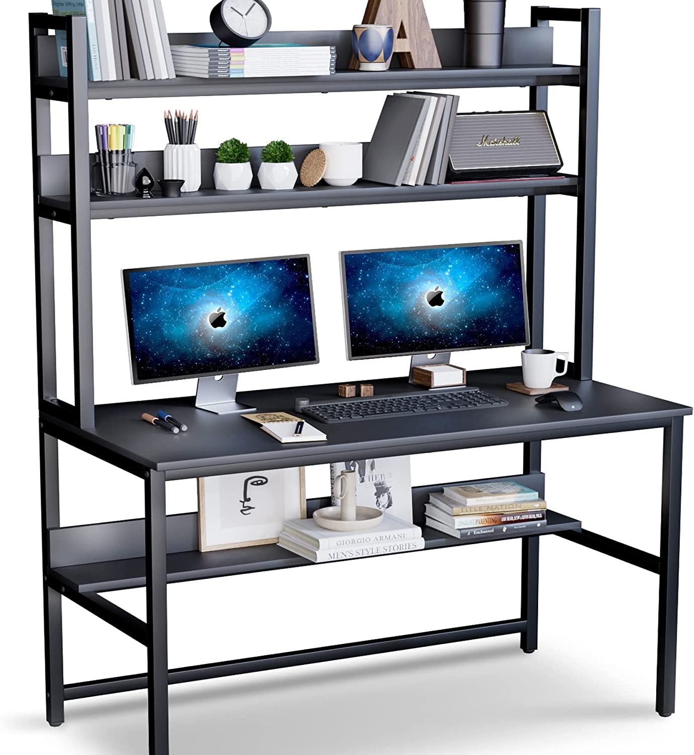 Black Computer Desk with Hutch and Bookshelf-0