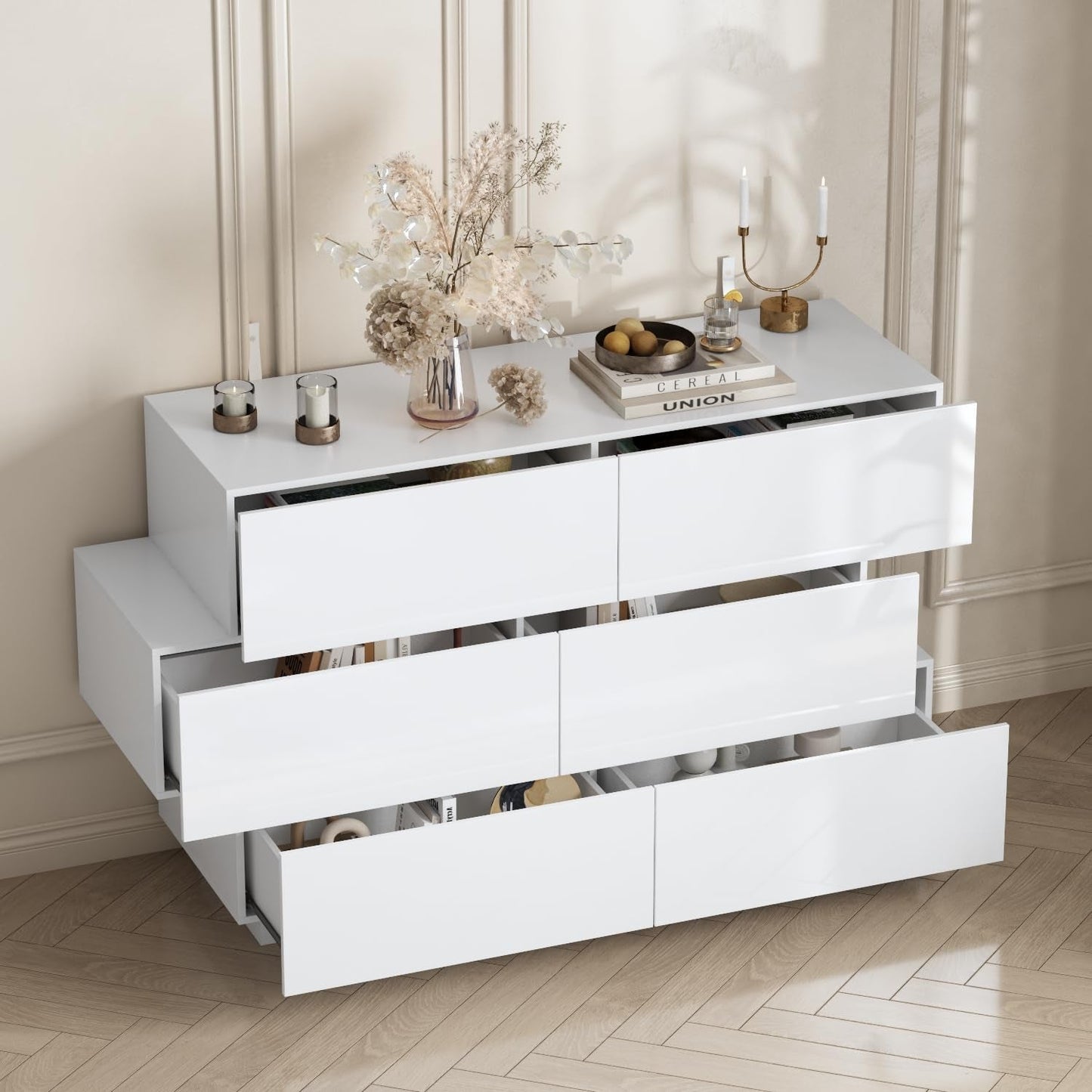 White Drawer Dresser for Bedroom, Modern High Gloss Dresser with 6 Drawers, Double Dresser Storage Chest of Drawer with Asymmetrical Design for Bedroom, Living Room, Entryway-2