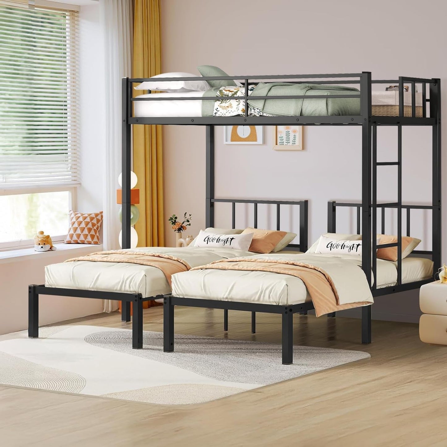 Twin over Twin & Bunk Beds for 3, Triple Bunk Bed for 3 with Guardrails, Ladder & Upper-Bed Platform, for Children, Teens, Adults, No Box Spring Needed (Detachable Triple Bunk Bed)-4