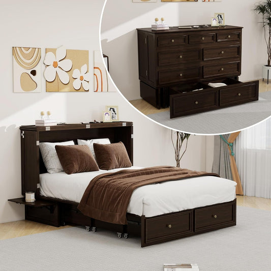 Full Murphy Bed Ebony Wood Storage USB-1