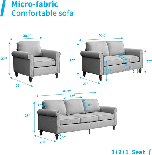 Living Room Couch Set, Small Sectional Sofa Couch, Includ Loveseat Armchair and 3 Seat Sofa, Mid-Century Riveted Accent Couches for Living Room, Wood Small Space Furniture Sets - Light Grey-1