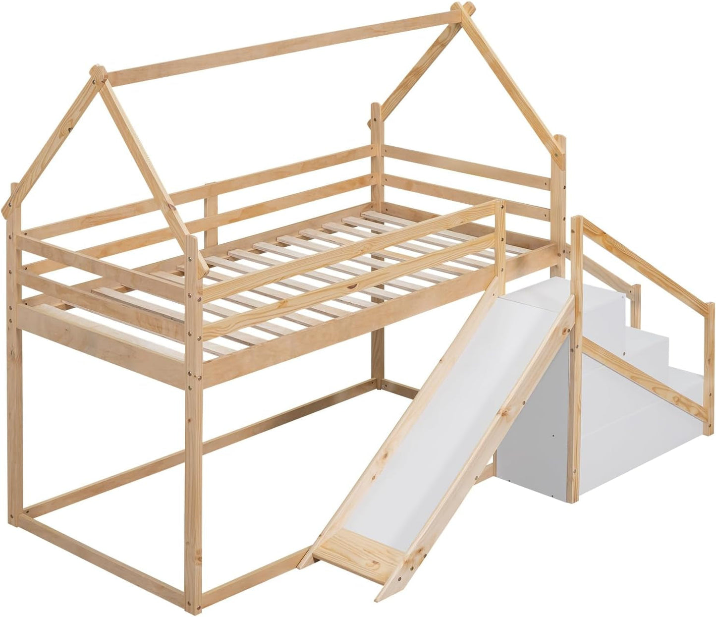 Twin over Twin Bunk Bed with Slide and Staircase, House Bunk Bed for Kids, Wood Loft/Bunk Bed Frame with Storage for Kids Teens Boys Girls, (Natural)-4