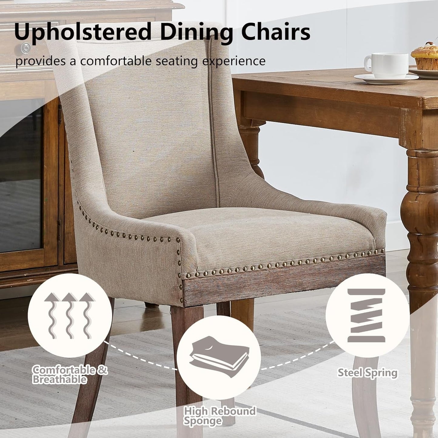 Modern Dining Chairs Set of 2, High Back Dining Chairs Side Chairs with Solid Wood Legs, Upholstered Fabric Dining Room Chairs for Dining Room Kitchen, Beige-3