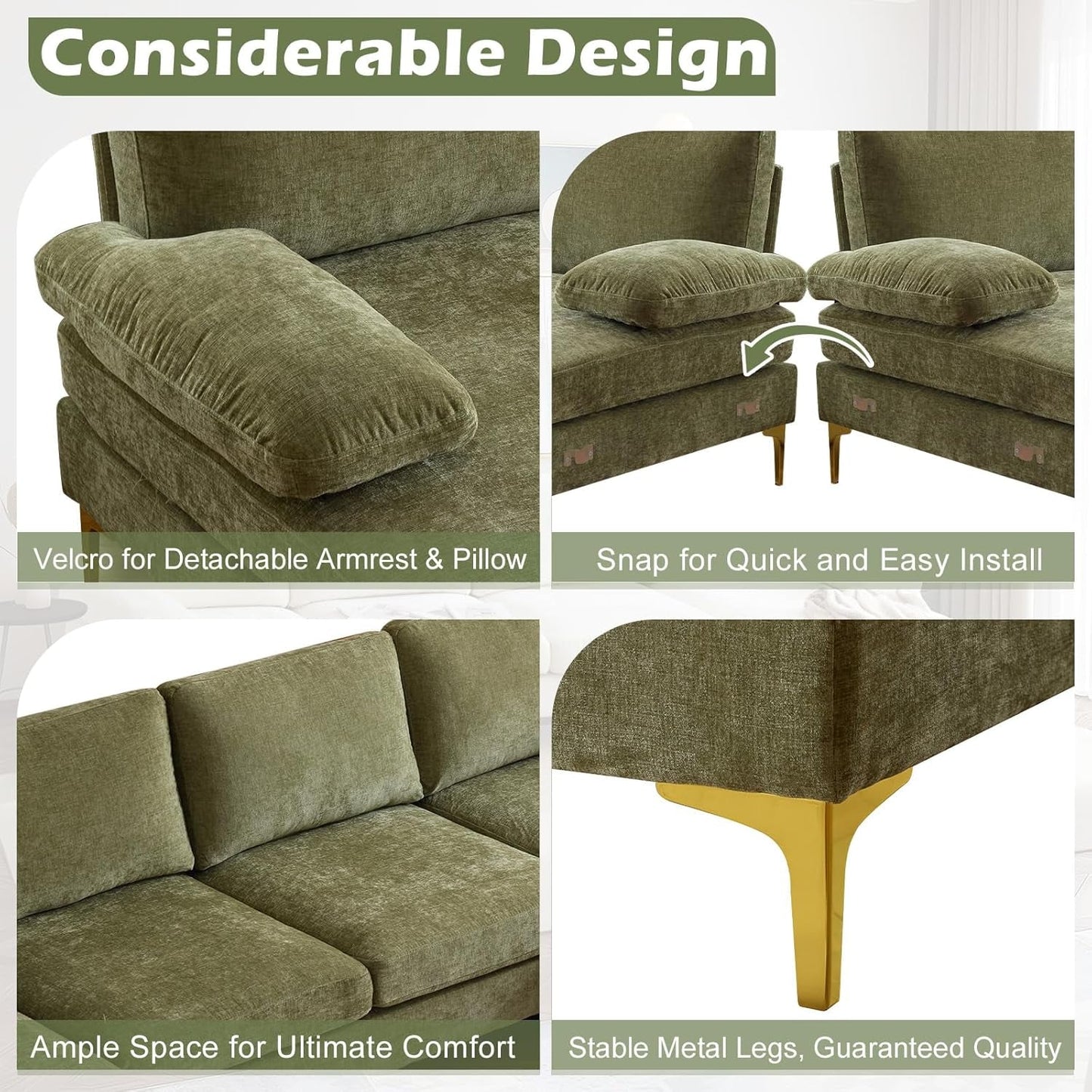 Olive Green 110" U-Shape Sectional Couch Double Chaise-2