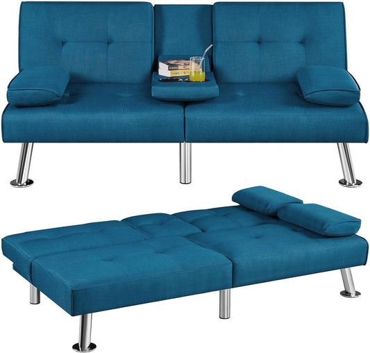 Convertible Sofa Bed Adjustable Fabric Couch Sleeper Modern Recliner Reversible Loveseat Folding Daybed Guest Bed, Removable Armrests, Cup Holders, 3 Angles, 772Lb Capacity, Aqua Blue-1