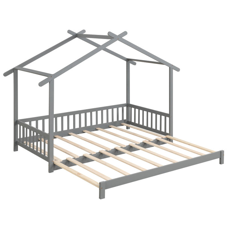 Extendable House Bed Twin to King Daybed with Roof and Fence Rails-5
