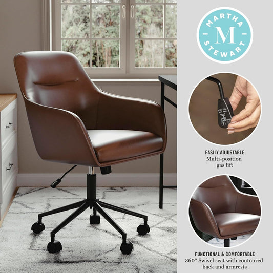 Rayna Swivel Task Chair with Flared Arms for Home Office in Saddle Brown Faux Leather with Oil Rubbed Bronze Frame-1