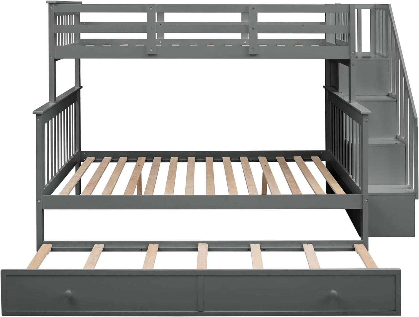 Twin over Full Bunk Bed, Wooden Bunk Bed Frame Twin over Full with Trundle and Storage Shelves, Twin over Full Size Bunk Beds with Staircases for Kids Teens Adults, Grey-4