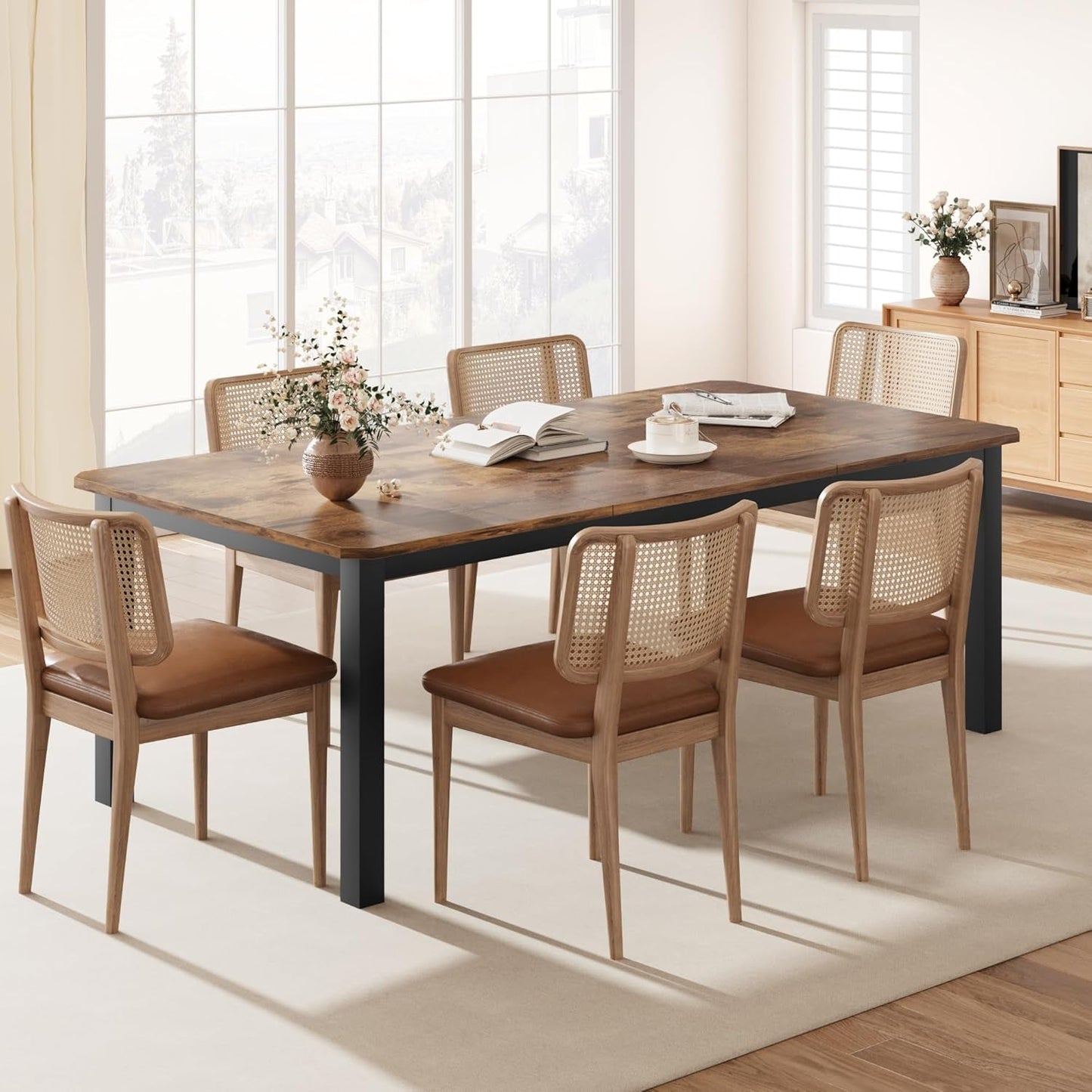 Industrial Dining Table for 6~8 People,78.7" Long Kitchen Table, Wood Dining Table, Kitchen & Dining Room Table,Rectangle Dining Room Table for 6 Perfect for Dinner or Meeting-Brown(Table Only)-0