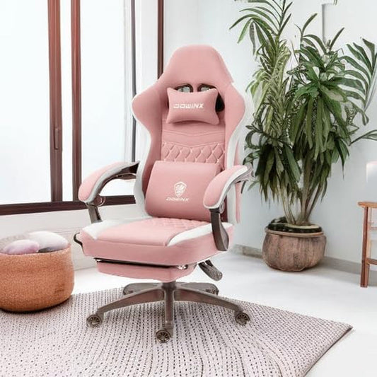 Gaming Chair Breathable Fabric Computer Chair with Pocket Spring Cushion, Comfortable Office Chair with Gel Pad and Storage Bag,Massage Game Chair with Footrest,Pink-1