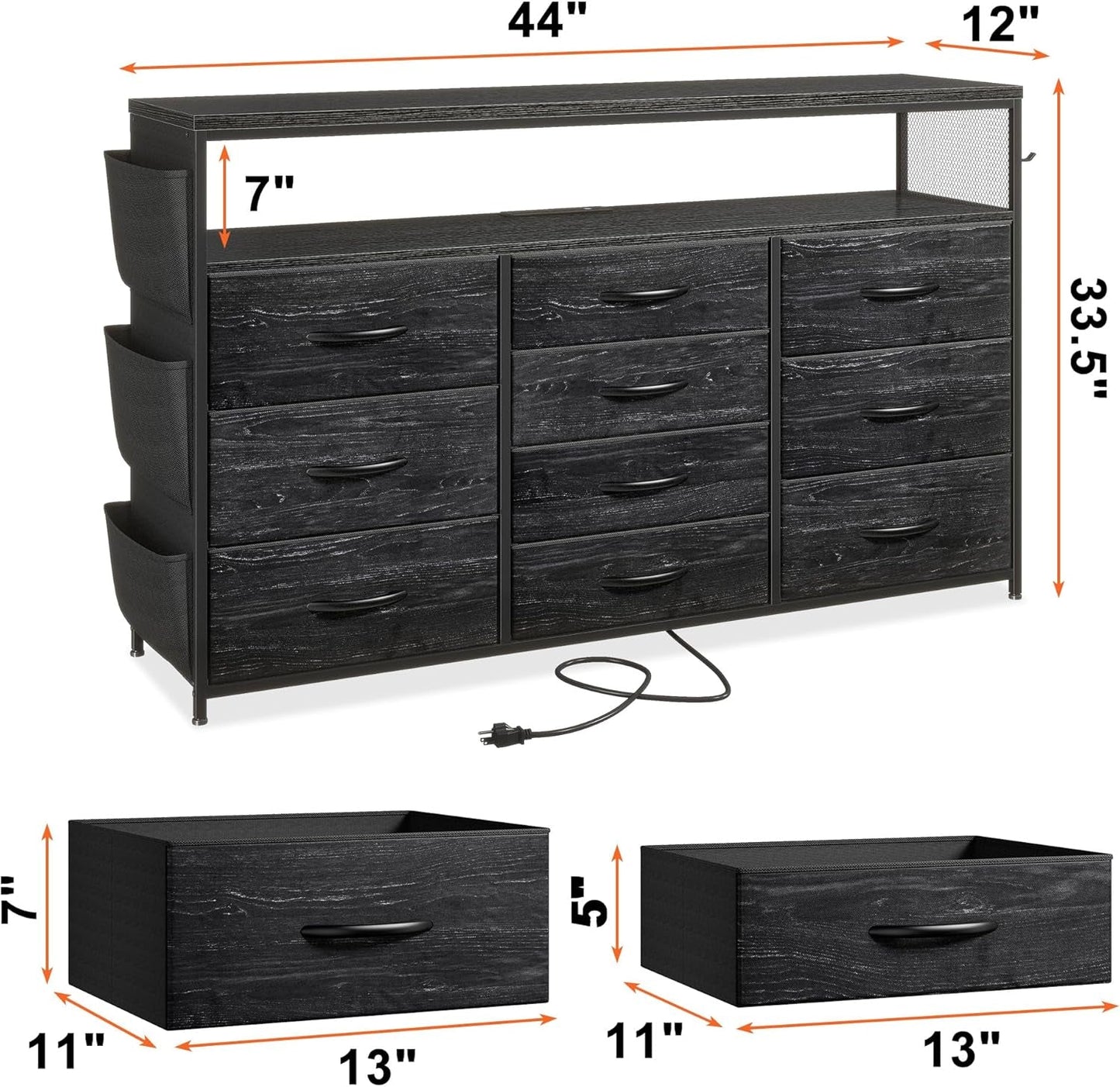 Dresser TV Stand with 10 Drawers for 55" TV Stand for Bedroom with LED Lights & Power Outlets Wide Dresser for Bedroom with Shelves & Side Pockets Sturdy Metal Frame & Wood Top, Charcoal Black-2